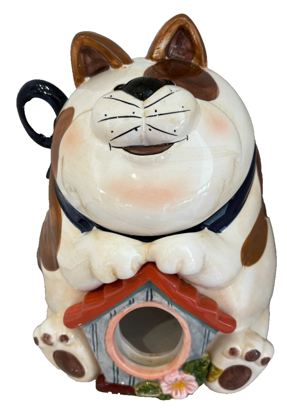 Vintage Cat Sitting On A Bird House Ceramic Cookie Jar w/ Clear Window Excellent